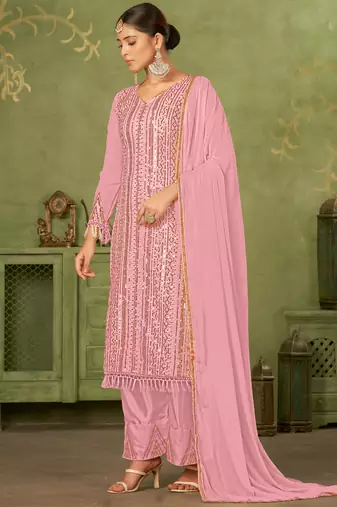 Pink georgette sequins work semi-stitched pakistani trouser suit