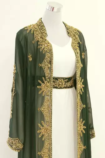 Green & White Handcrafted Zari work Stitched Dress Georgette Kaftan Party Wear Wedding Dresses