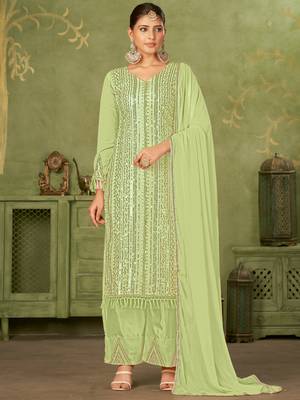Green georgette sequins work semi-stitched pakistani trouser suit 1
