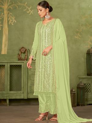 Green georgette sequins work semi-stitched pakistani trouser suit 3