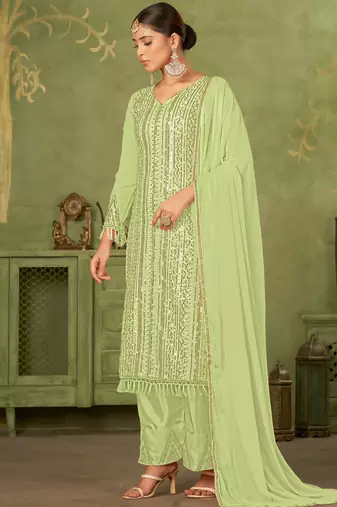 Green georgette sequins work semi-stitched pakistani trouser suit