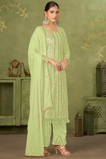 Green georgette sequins work semi-stitched pakistani trouser suit