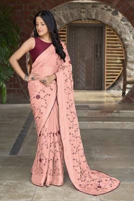 Manohari neon pink poly georgette sequence and embroidery saree with blouse piece 1