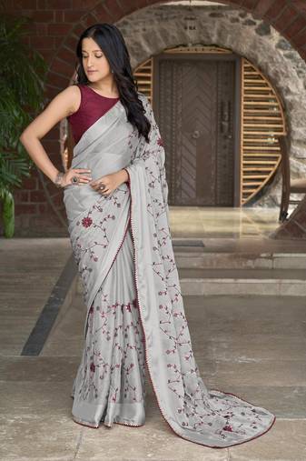 Manohari grey poly georgette sequence and embroidery saree with blouse piece