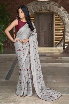 Manohari grey poly georgette sequence and embroidery saree with blouse piece 1