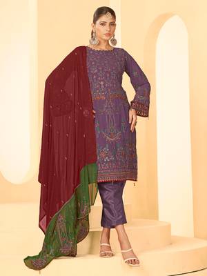 Purple georgette zari embroidered semi-stitched pakistani trouser suit 1