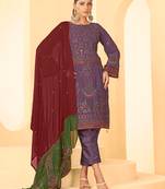 Purple georgette zari embroidered semi-stitched pakistani trouser suit