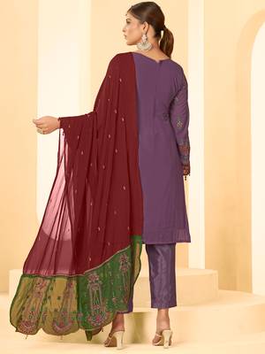 Purple georgette zari embroidered semi-stitched pakistani trouser suit 2