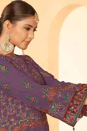 Purple georgette zari embroidered semi-stitched pakistani trouser suit