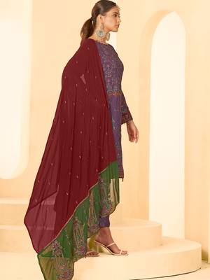 Purple georgette zari embroidered semi-stitched pakistani trouser suit 4