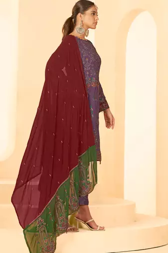 Purple georgette zari embroidered semi-stitched pakistani trouser suit