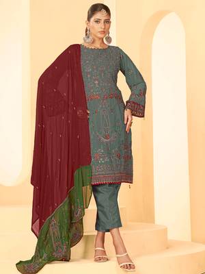 Grey georgette zari embroidered semi-stitched pakistani trouser suit 1