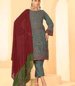 Grey georgette zari embroidered semi-stitched pakistani trouser suit