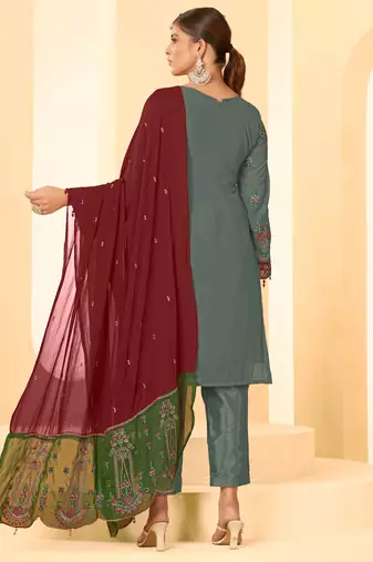 Grey georgette zari embroidered semi-stitched pakistani trouser suit