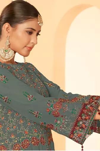 Grey georgette zari embroidered semi-stitched pakistani trouser suit
