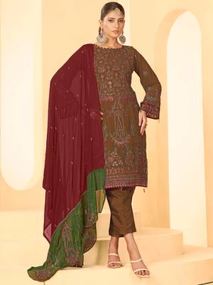 Brown georgette zari embroidered semi-stitched pakistani trouser suit 1
