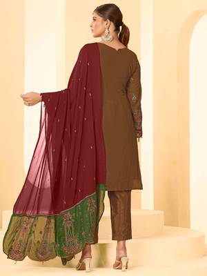 Brown georgette zari embroidered semi-stitched pakistani trouser suit 2