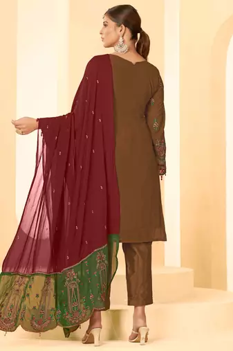 Brown georgette zari embroidered semi-stitched pakistani trouser suit