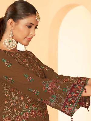 Brown georgette zari embroidered semi-stitched pakistani trouser suit 3