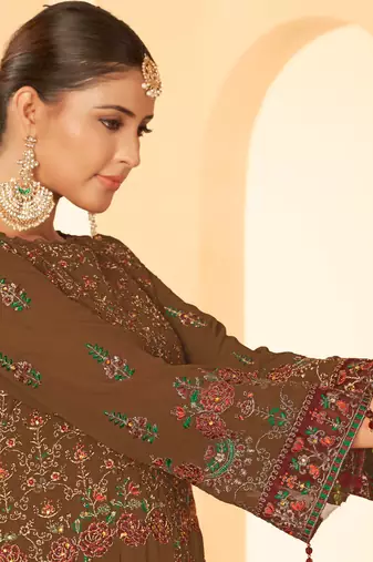 Brown georgette zari embroidered semi-stitched pakistani trouser suit