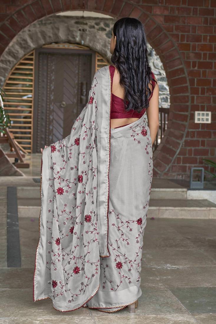 Manohari grey poly georgette sequence and embroidery saree with blouse piece