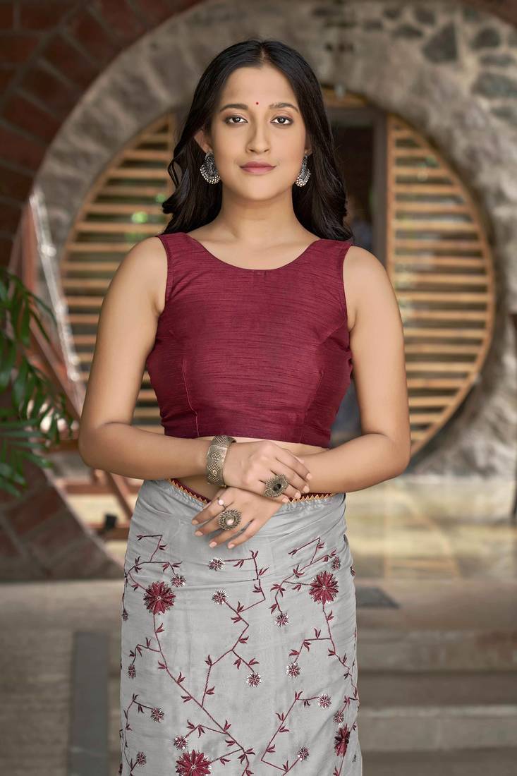 Manohari grey poly georgette sequence and embroidery saree with blouse piece