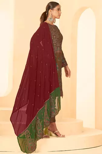 Brown georgette zari embroidered semi-stitched pakistani trouser suit