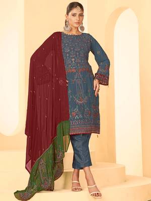 Grey georgette zari embroidered semi-stitched pakistani trouser suit 1