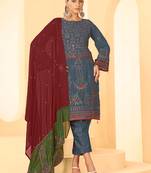 Grey georgette zari embroidered semi-stitched pakistani trouser suit