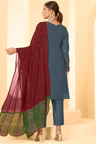 Grey georgette zari embroidered semi-stitched pakistani trouser suit