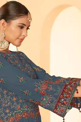 Grey georgette zari embroidered semi-stitched pakistani trouser suit