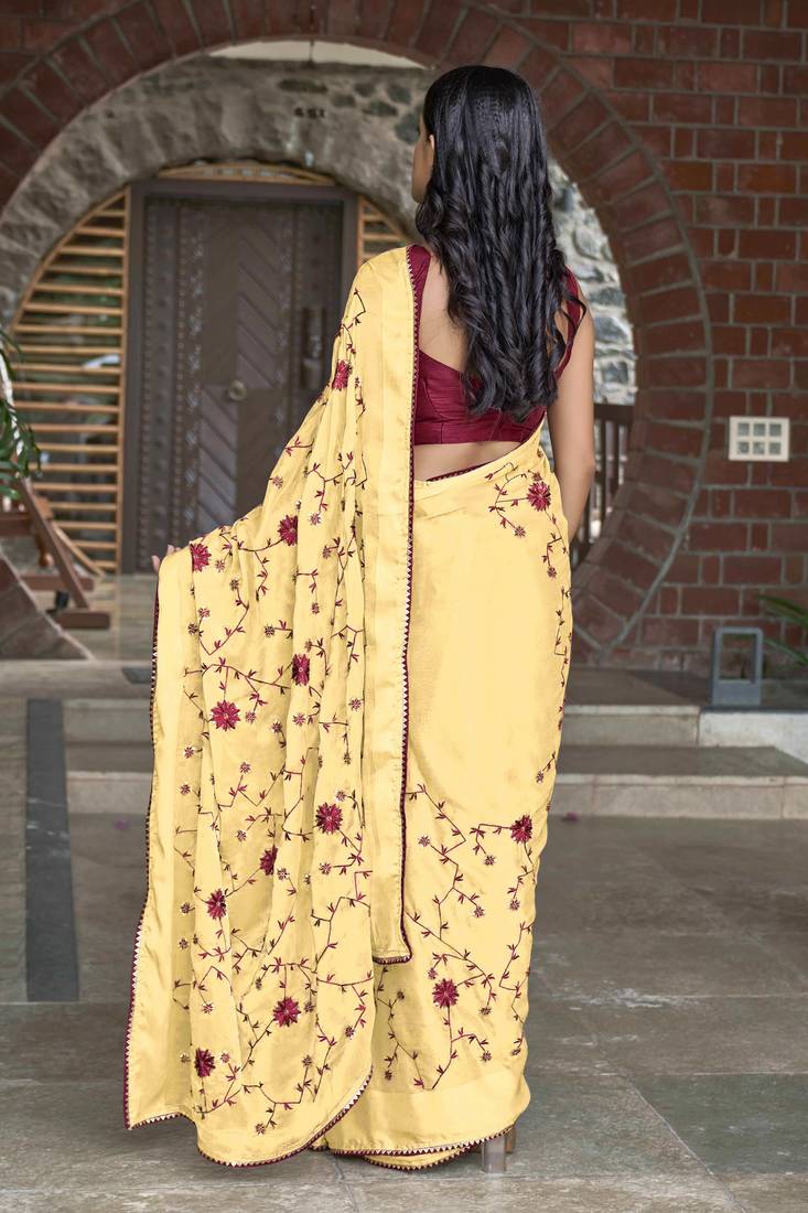 Manohari Yellow Poly Georgette Sequence And Embroidery Saree With Blouse Piece