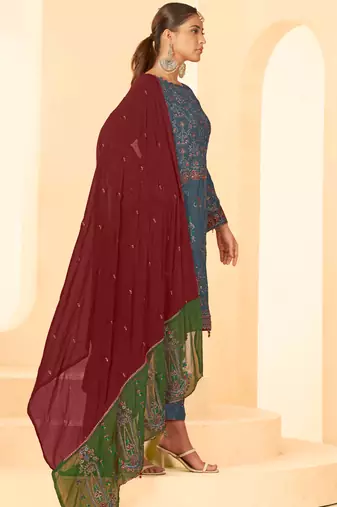 Grey georgette zari embroidered semi-stitched pakistani trouser suit