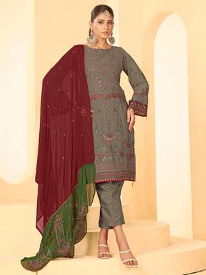 Mouse grey georgette zari embroidered semi-stitched pakistani trouser suit 1