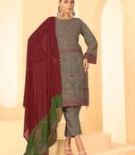 Mouse grey georgette zari embroidered semi-stitched pakistani trouser suit