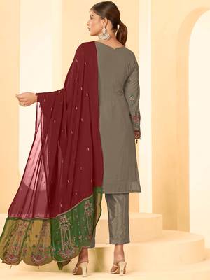 Mouse grey georgette zari embroidered semi-stitched pakistani trouser suit 2