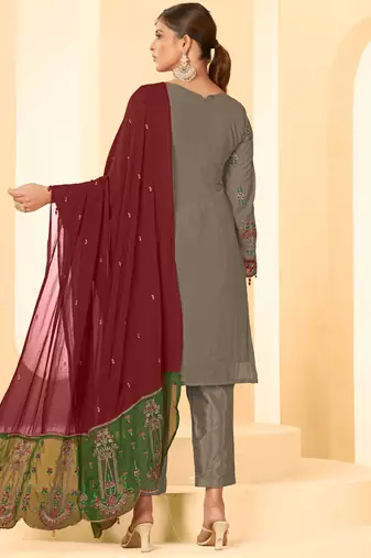 Mouse grey georgette zari embroidered semi-stitched pakistani trouser suit
