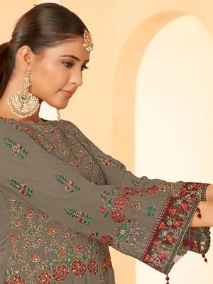 Mouse grey georgette zari embroidered semi-stitched pakistani trouser suit 3