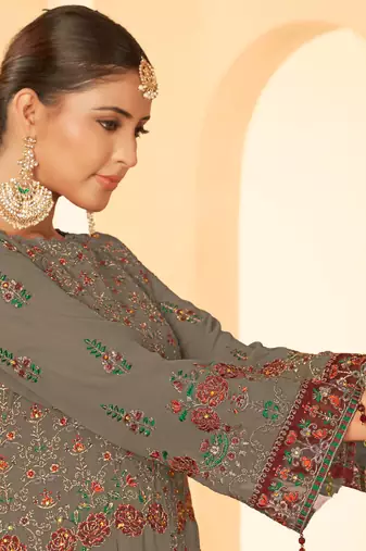 Mouse grey georgette zari embroidered semi-stitched pakistani trouser suit