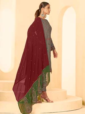 Mouse grey georgette zari embroidered semi-stitched pakistani trouser suit 4