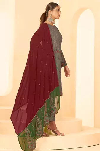 Mouse grey georgette zari embroidered semi-stitched pakistani trouser suit