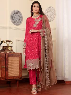 Pink chinon silk embroidered semi-stitched pakistani suit 1