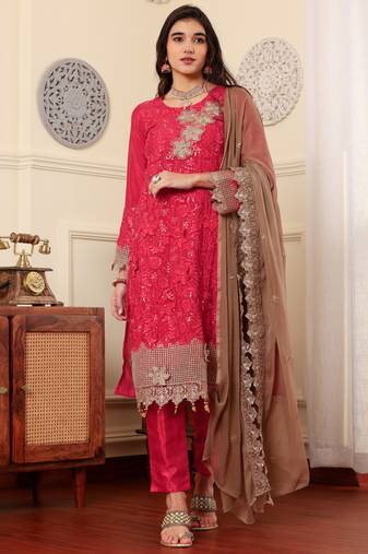 Pink chinon silk embroidered semi-stitched pakistani suit