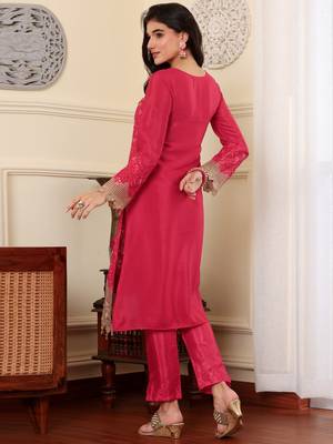 Pink chinon silk embroidered semi-stitched pakistani suit 2