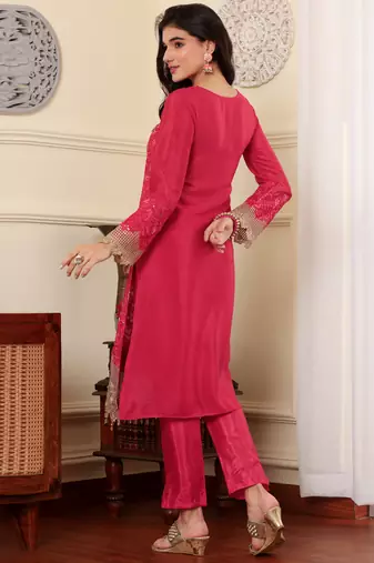 Pink chinon silk embroidered semi-stitched pakistani suit