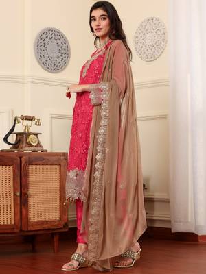 Pink chinon silk embroidered semi-stitched pakistani suit 3
