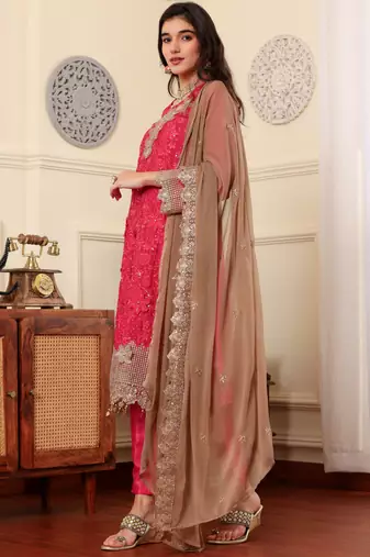 Pink chinon silk embroidered semi-stitched pakistani suit