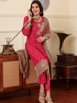 Pink chinon silk embroidered semi-stitched pakistani suit 4