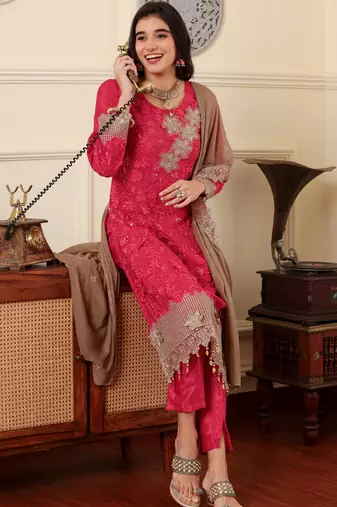 Pink chinon silk embroidered semi-stitched pakistani suit