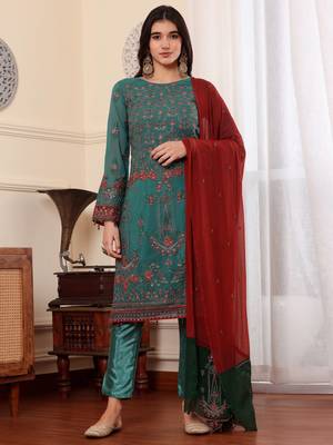 Rama green georgette embroidered semi-stitched pakistani suit 1